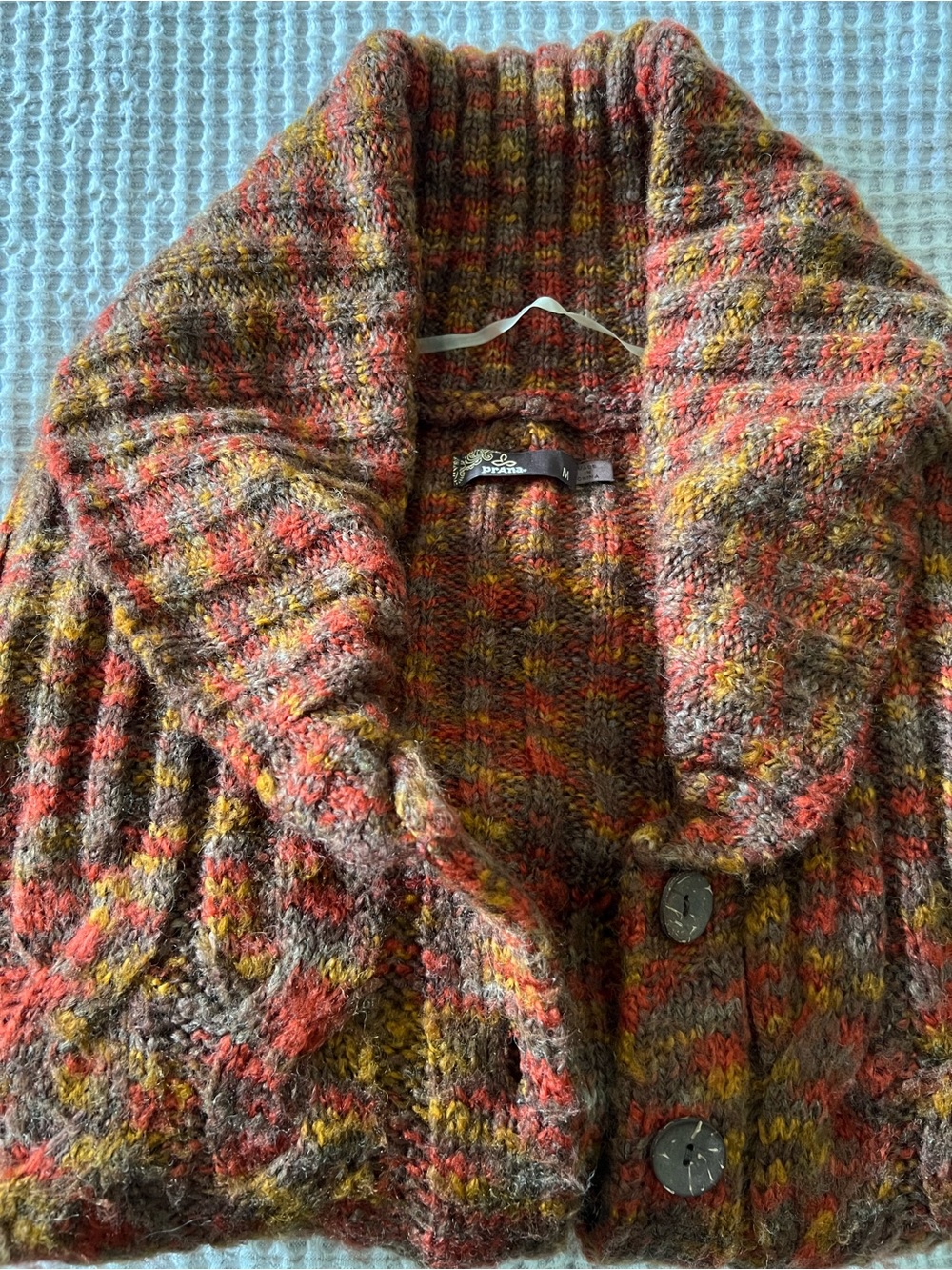 Prana Multicolor Brown Rust Mustard Shawl Collar Knit Cardigan - Picture 1 of 2